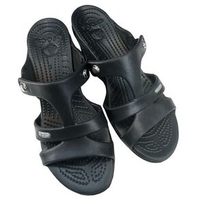 Crocs Cyprus IV Black Strappy High Heel Wedge Sandals Womens Size 8